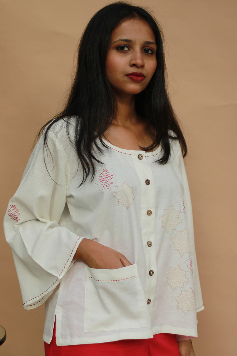 Ambrai |  Embroidered Cotton Shirt | Ivory