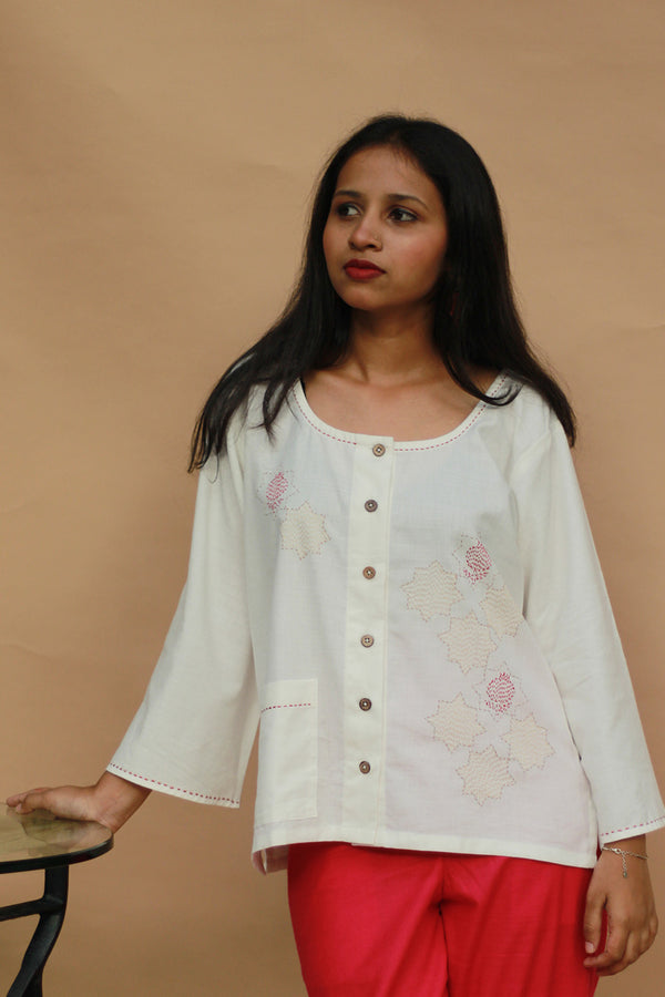 Ambrai |  Embroidered Cotton Shirt | Ivory