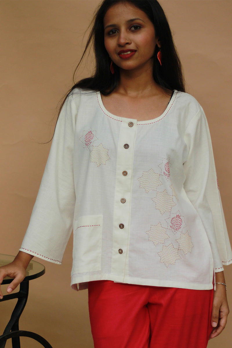 Ambrai |  Embroidered Cotton Shirt | Ivory