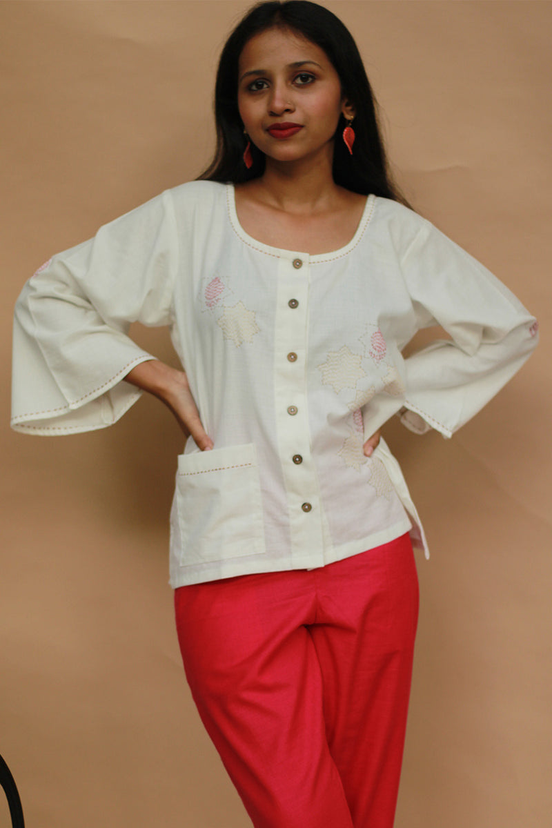 Ambrai |  Embroidered Cotton Shirt | Ivory