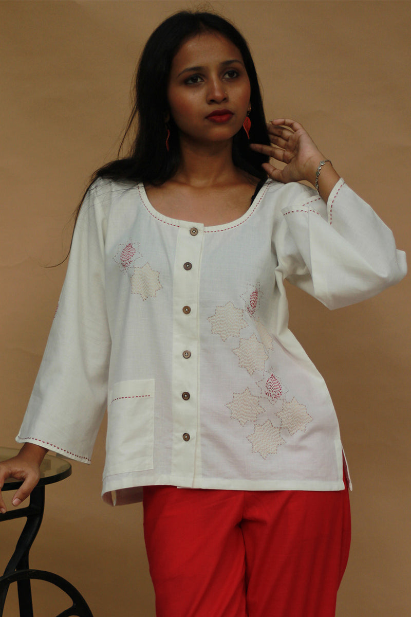 Ambrai |  Embroidered Cotton Shirt | Ivory