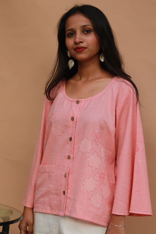 Ambrai |  Embroidered Cotton Shirt | Peach
