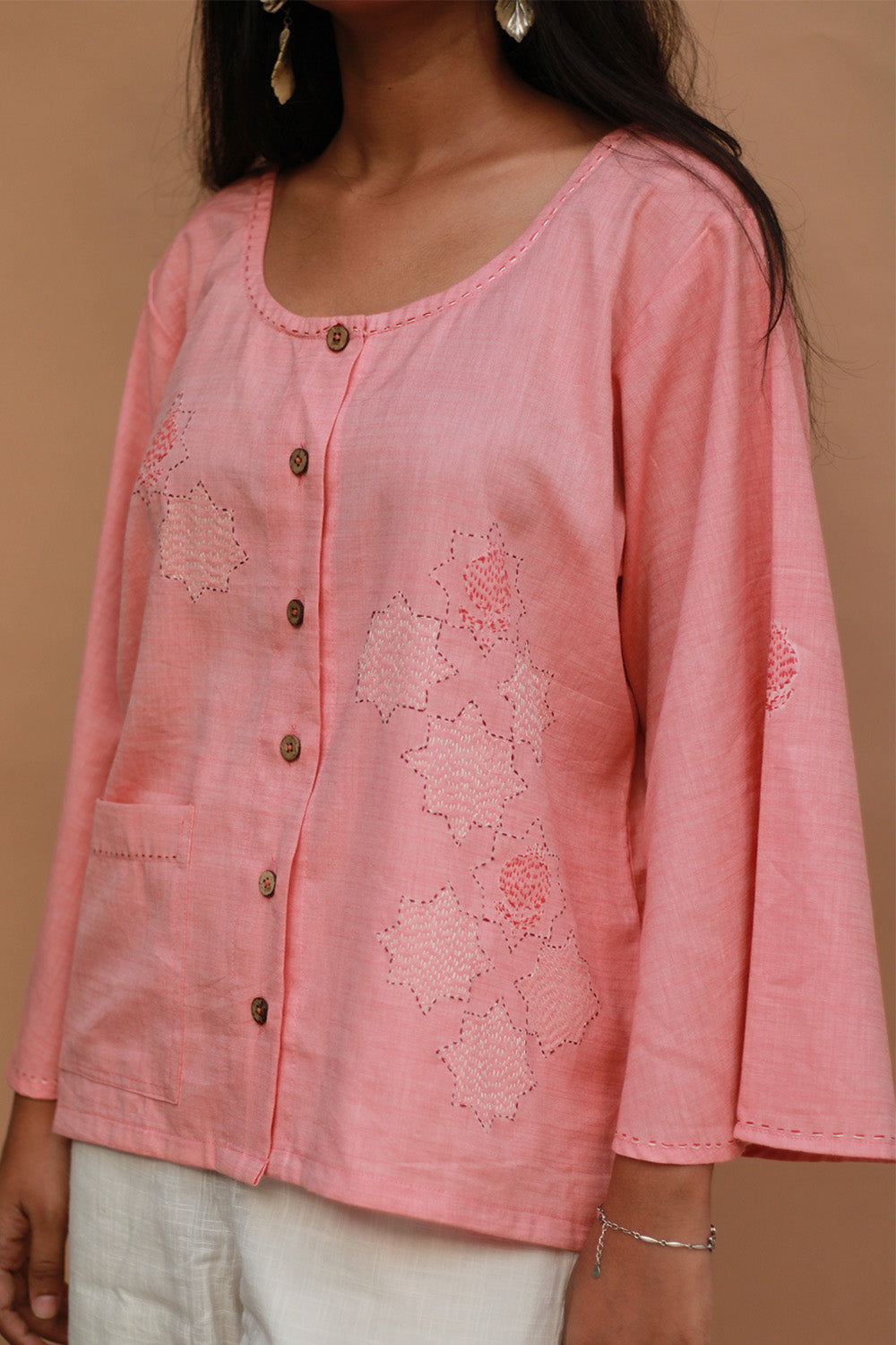 Ambrai |  Embroidered Cotton Shirt | Peach