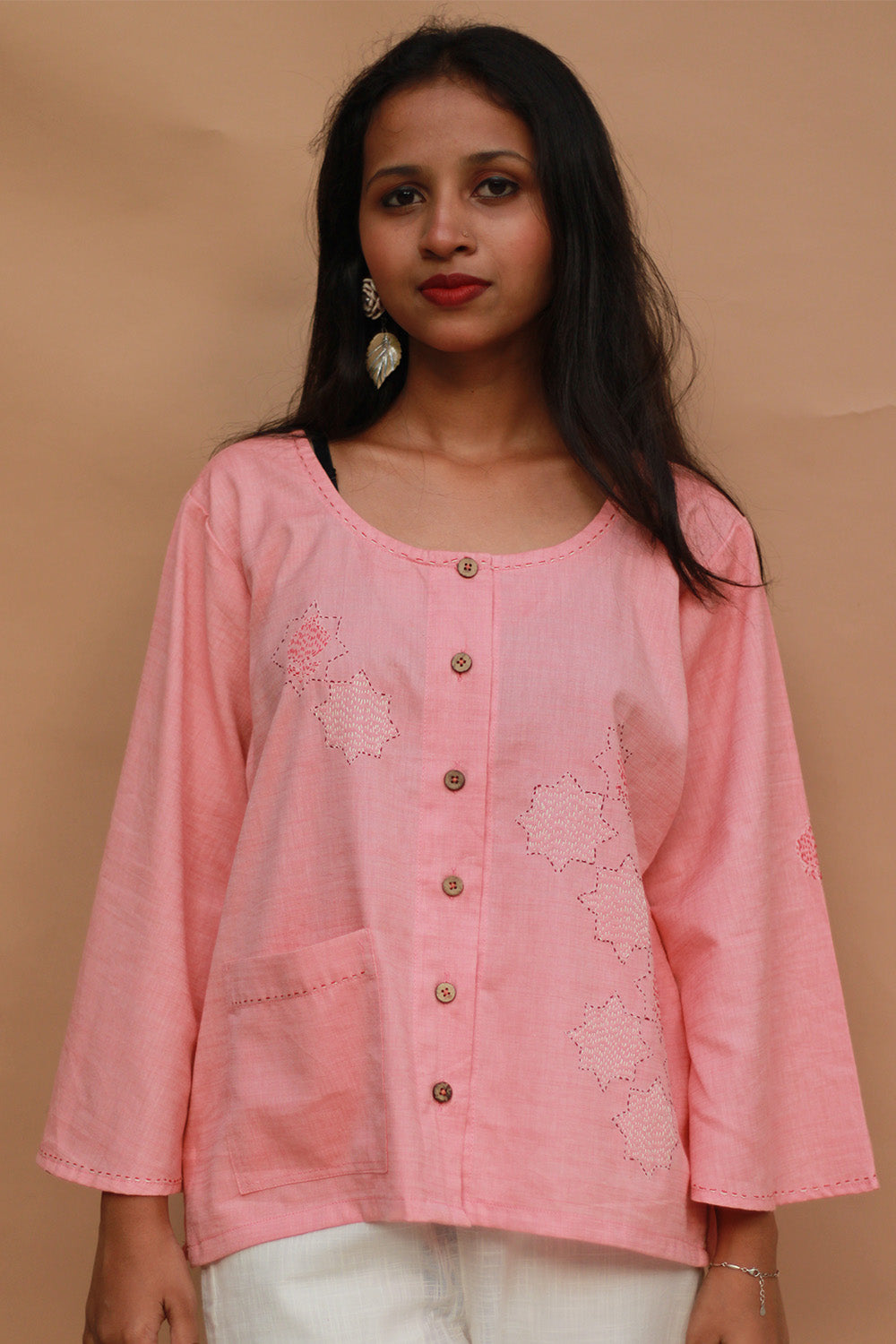 Ambrai |  Embroidered Cotton Shirt | Peach