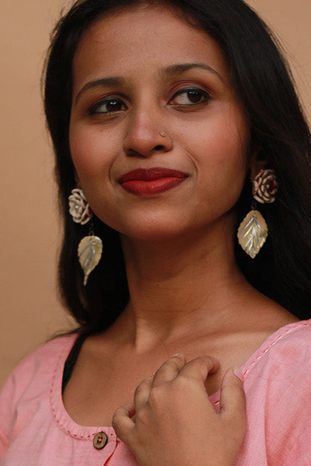 Sadhvi | Ceramic Earrings | Off white Flower & Green Leaf