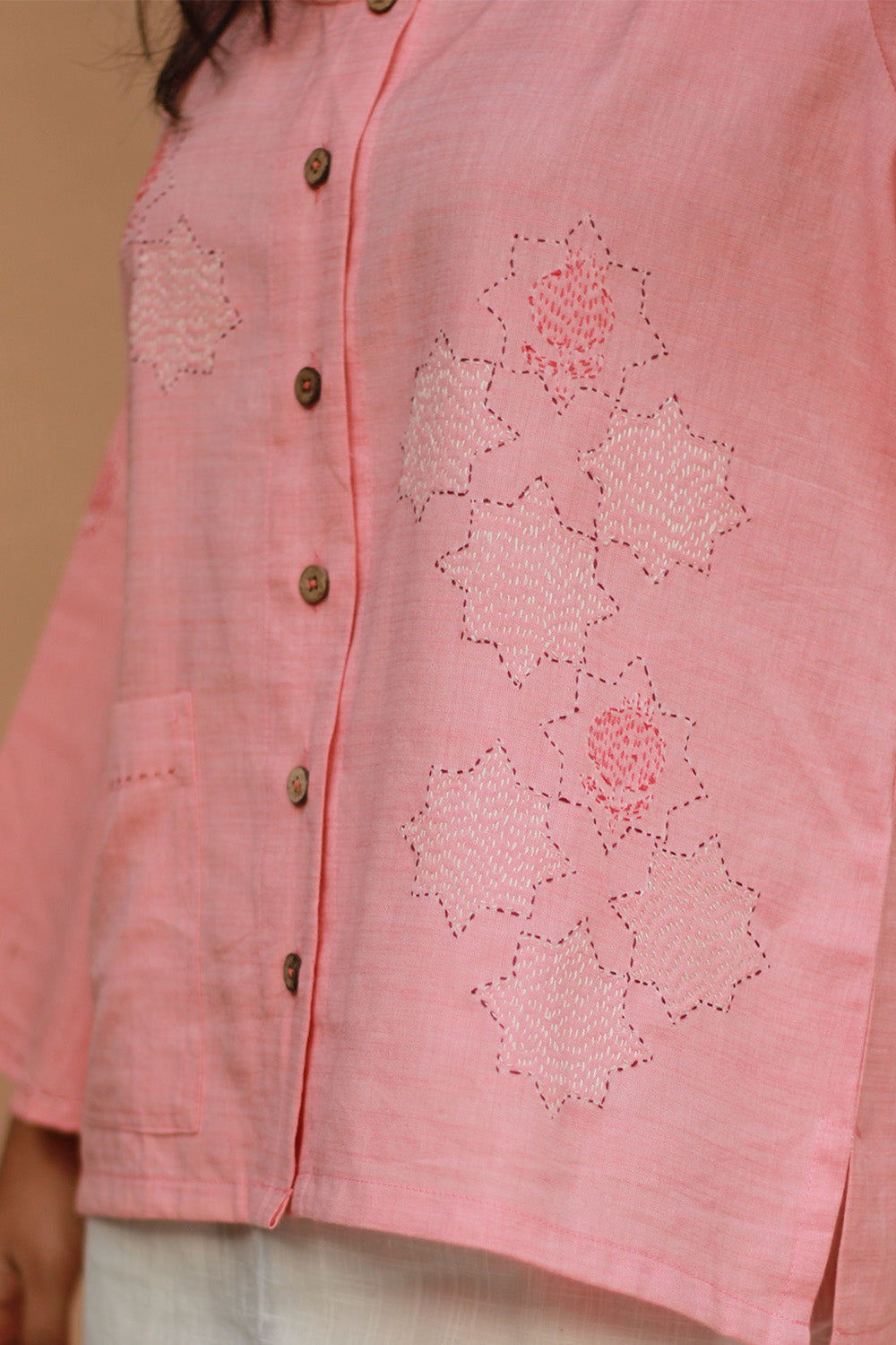 Ambrai |  Embroidered Cotton Shirt | Peach