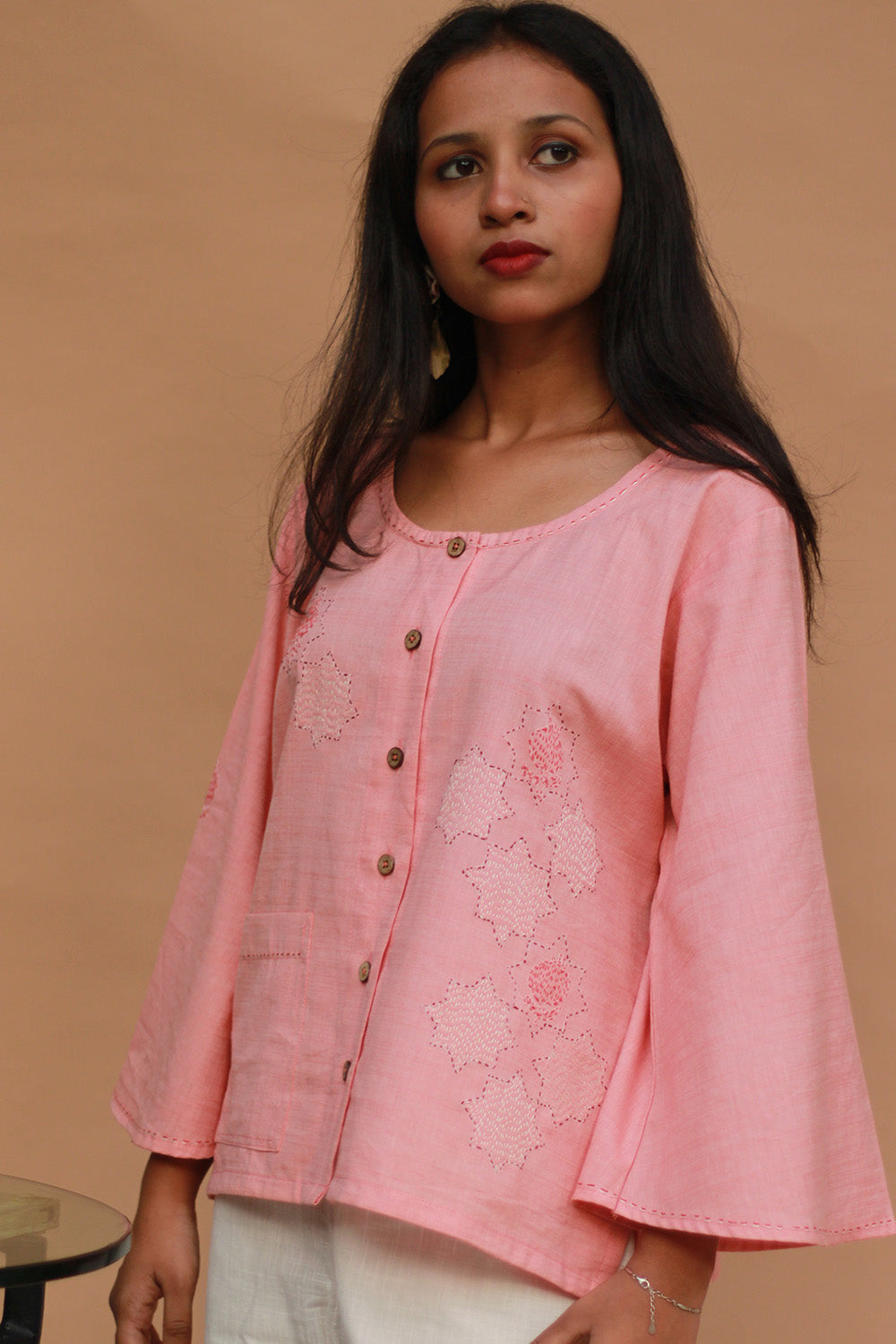 Ambrai |  Embroidered Cotton Shirt | Peach