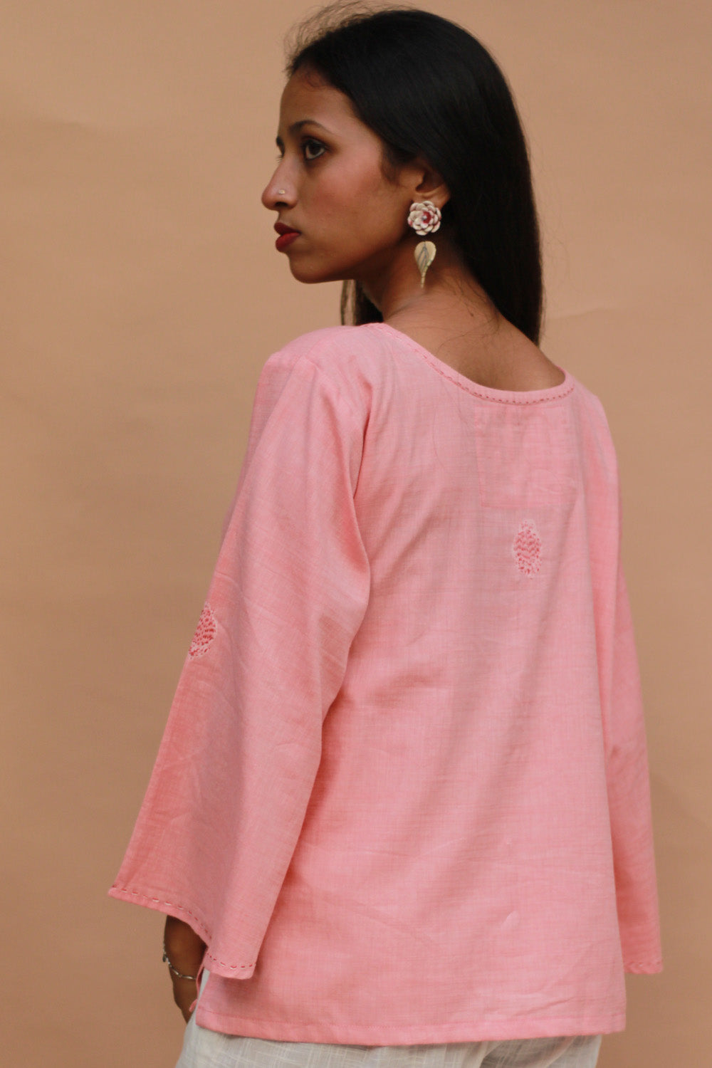 Ambrai |  Embroidered Cotton Shirt | Peach