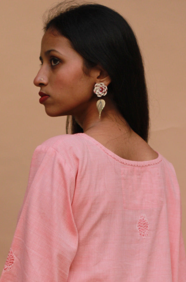 Sadhvi | Ceramic Earrings | Off white Flower & Green Leaf