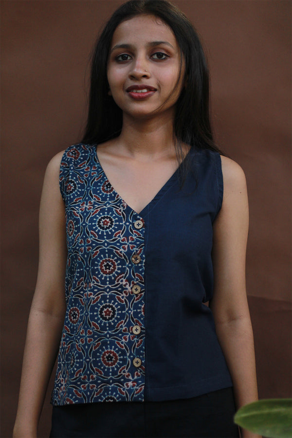Front Buttoned Vest | Cotton | Blue Universe Ajrakh