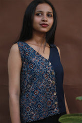 Front Buttoned Vest | Cotton | Blue Universe Ajrakh