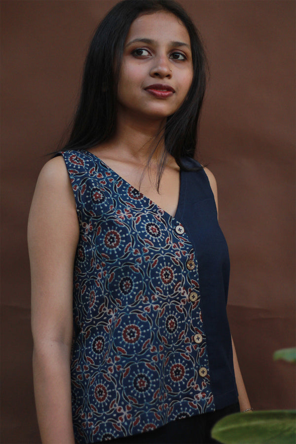 Front Buttoned Vest | Cotton | Blue Universe Ajrakh