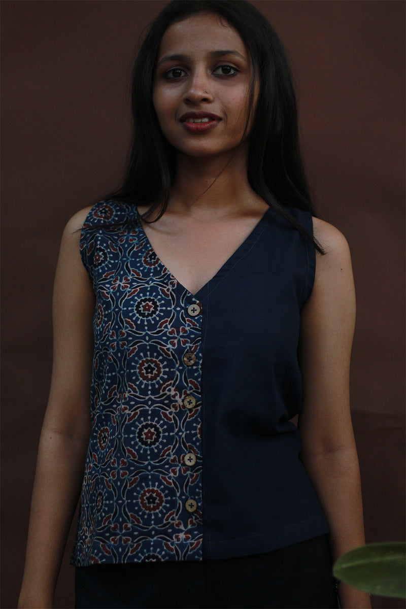 Front Buttoned Vest | Cotton | Blue Universe Ajrakh