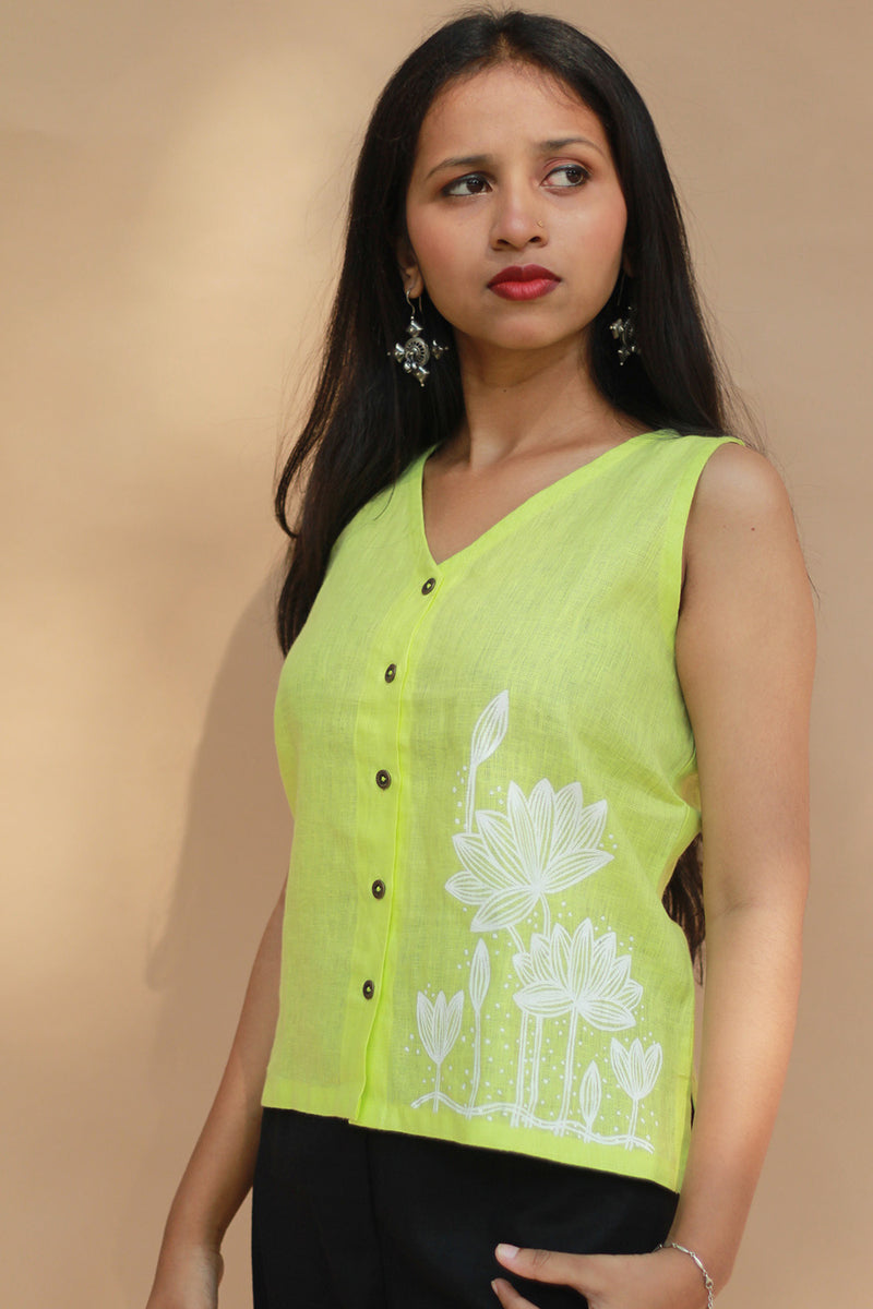 Saroj | Hand Painted Top | Linen | Lime