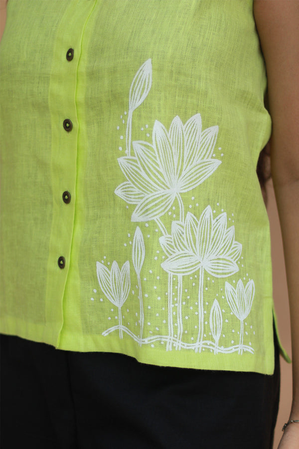 Saroj | Hand Painted Top | Linen | Lime