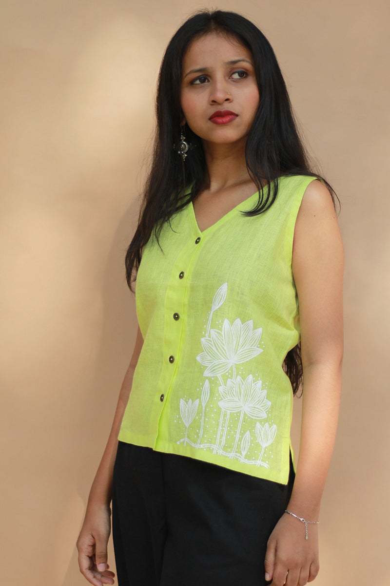Saroj | Hand Painted Top | Linen | Lime