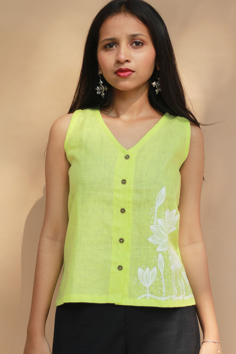 Saroj | Hand Painted Top | Linen | Lime