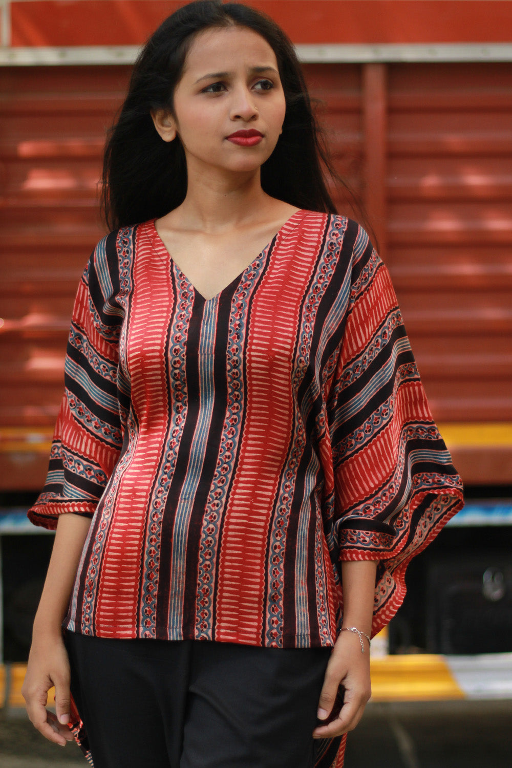 Taarini | Modal Silk Kaftan Top | Madder Stripes Ajrakh