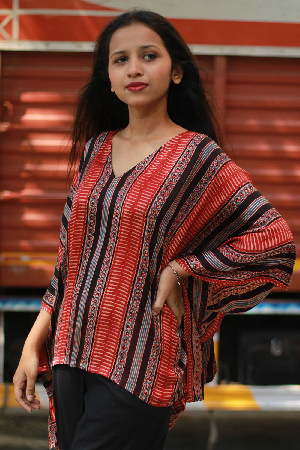 Taarini | Modal Silk Kaftan Top | Madder Stripes Ajrakh