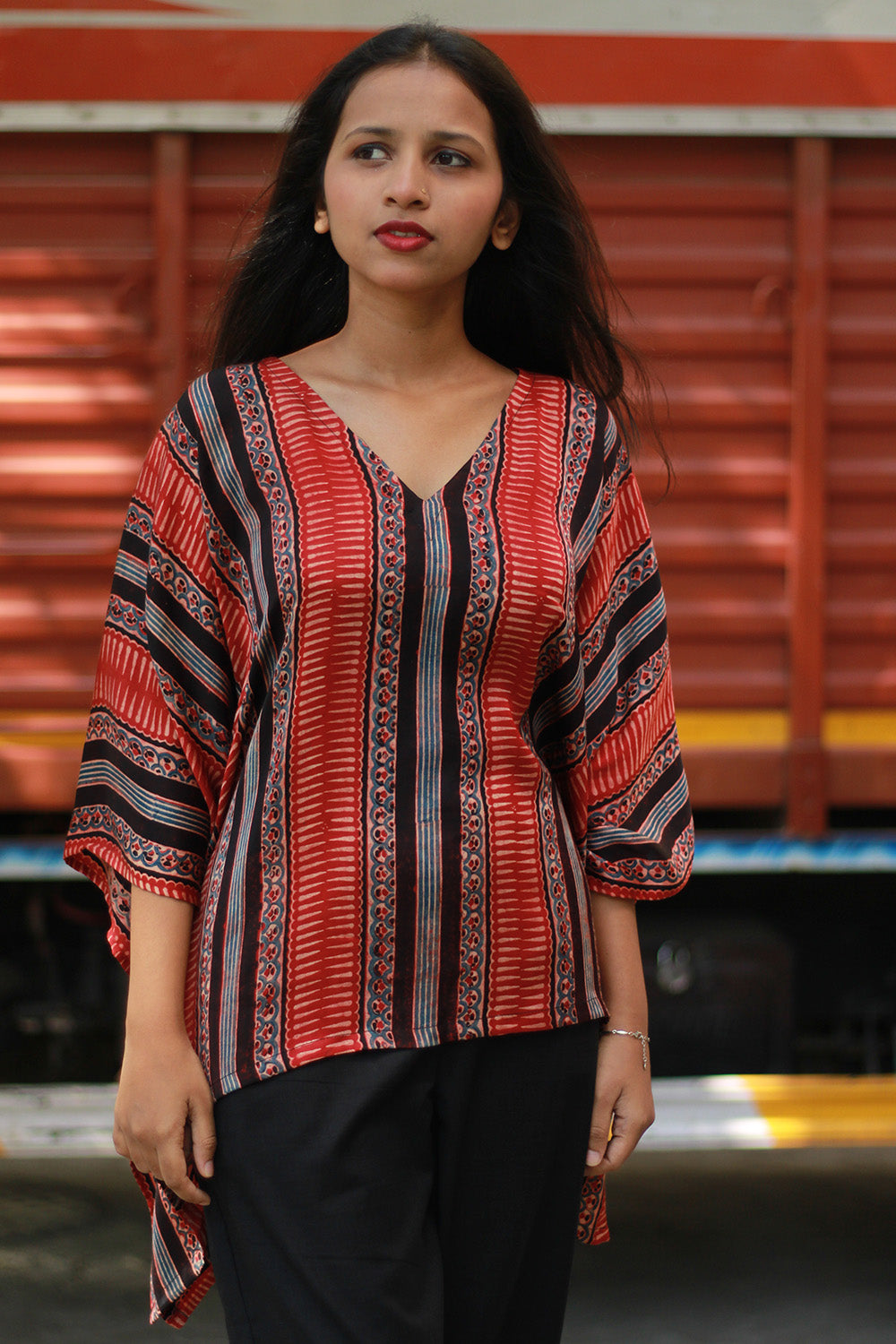 Taarini | Modal Silk Kaftan Top | Madder Stripes Ajrakh