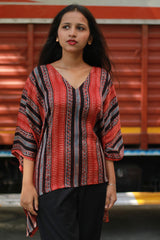 Taarini | Modal Silk Kaftan Top | Madder Stripes Ajrakh