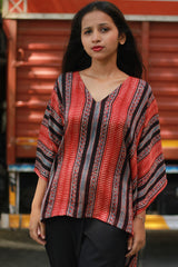 Taarini | Modal Silk Kaftan Top | Madder Stripes Ajrakh