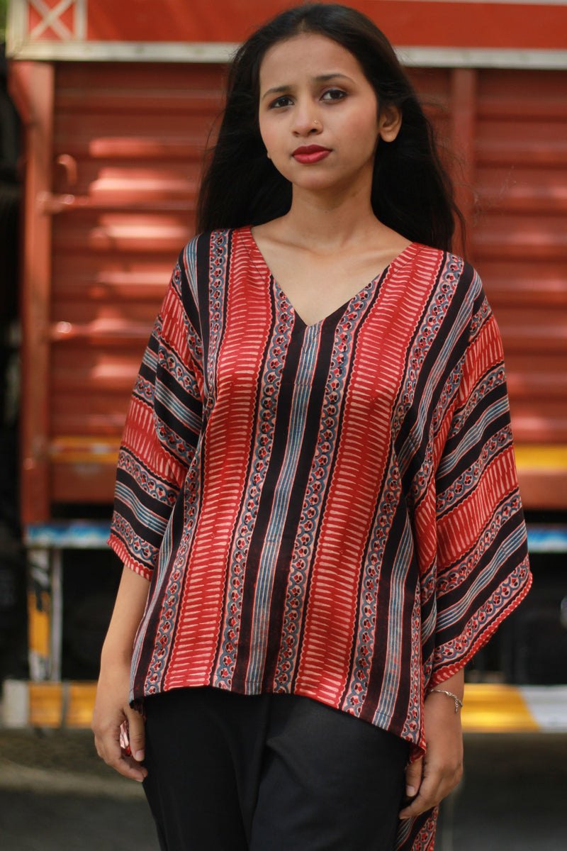 Taarini | Modal Silk Kaftan Top | Madder Stripes Ajrakh