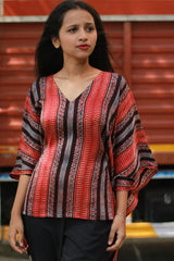 Taarini | Modal Silk Kaftan Top | Madder Stripes Ajrakh
