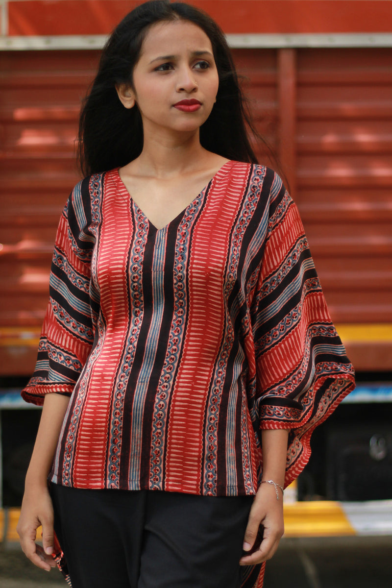 Taarini | Modal Silk Kaftan Top | Madder Stripes Ajrakh