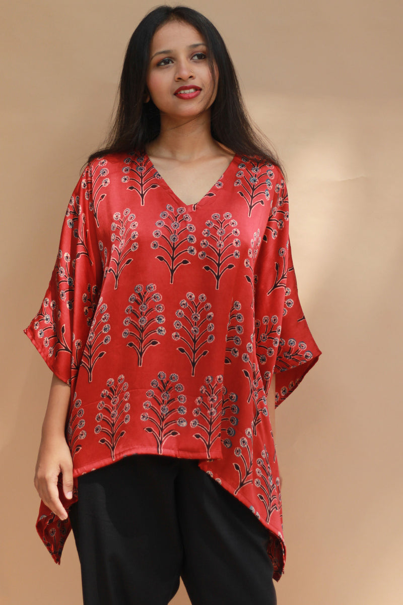 Taarini | Modal Silk Kaftan Top | Scarlet Booti Ajrakh