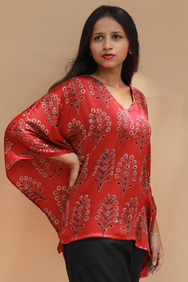 Taarini | Modal Silk Kaftan Top | Scarlet Booti Ajrakh