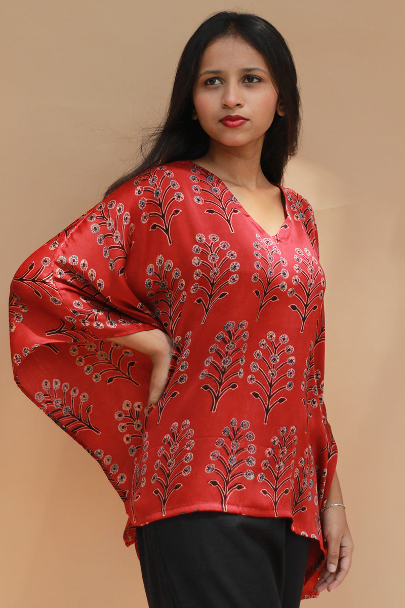 Taarini | Modal Silk Kaftan Top | Scarlet Booti Ajrakh
