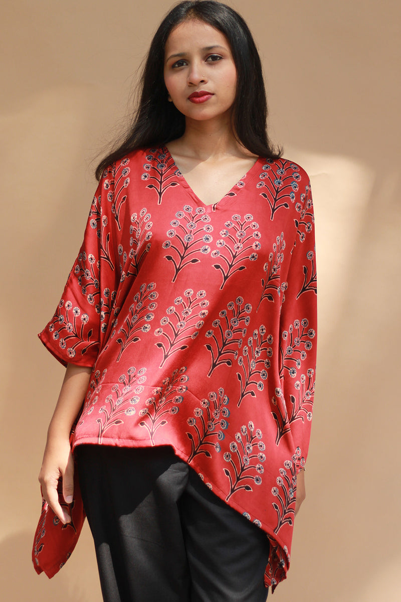 Taarini | Modal Silk Kaftan Top | Scarlet Booti Ajrakh