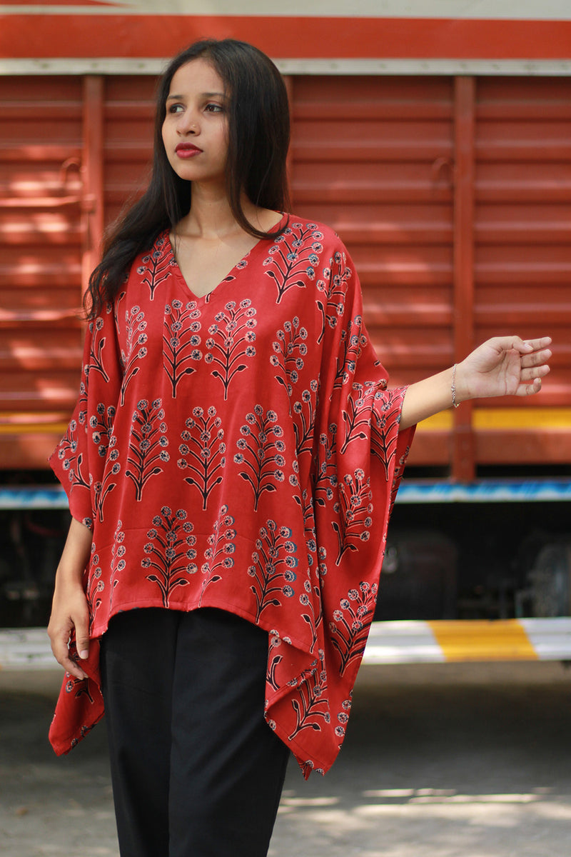 Taarini | Modal Silk Kaftan Top | Scarlet Booti Ajrakh