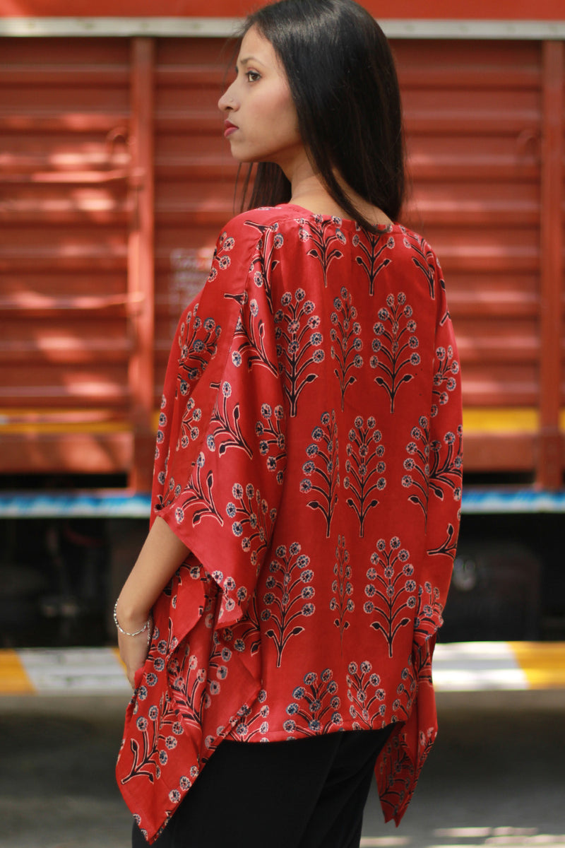 Taarini | Modal Silk Kaftan Top | Scarlet Booti Ajrakh