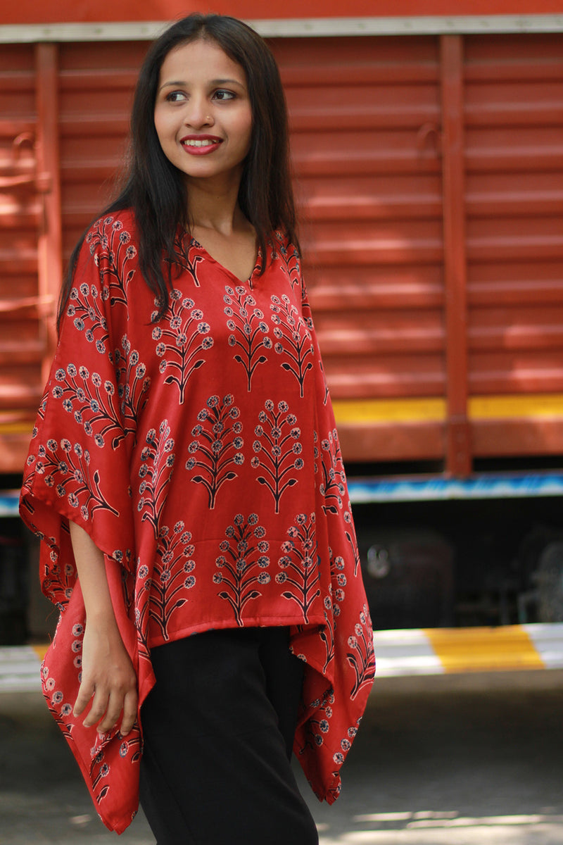 Taarini | Modal Silk Kaftan Top | Scarlet Booti Ajrakh