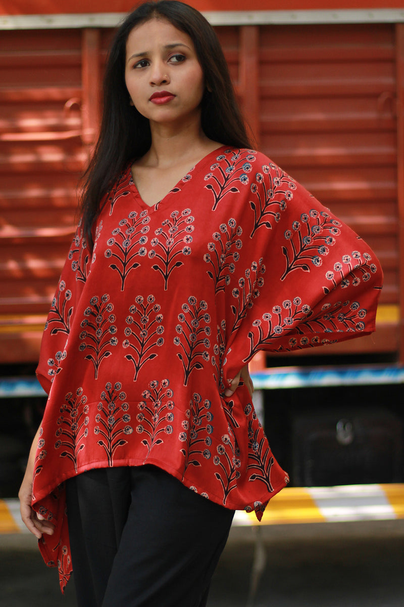 Taarini | Modal Silk Kaftan Top | Scarlet Booti Ajrakh