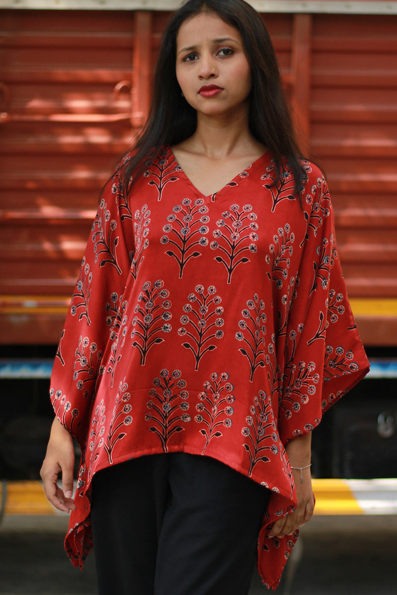 Taarini | Modal Silk Kaftan Top | Scarlet Booti Ajrakh