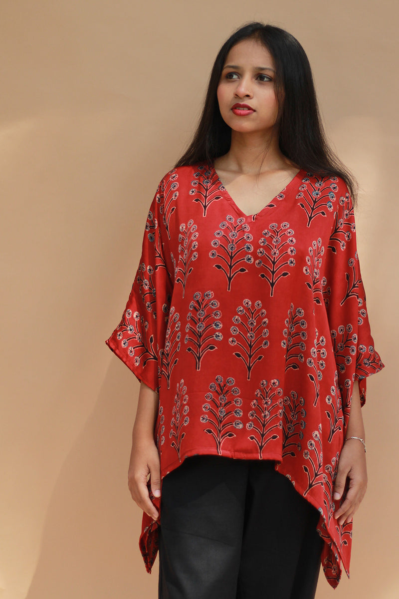 Taarini | Modal Silk Kaftan Top | Scarlet Booti Ajrakh