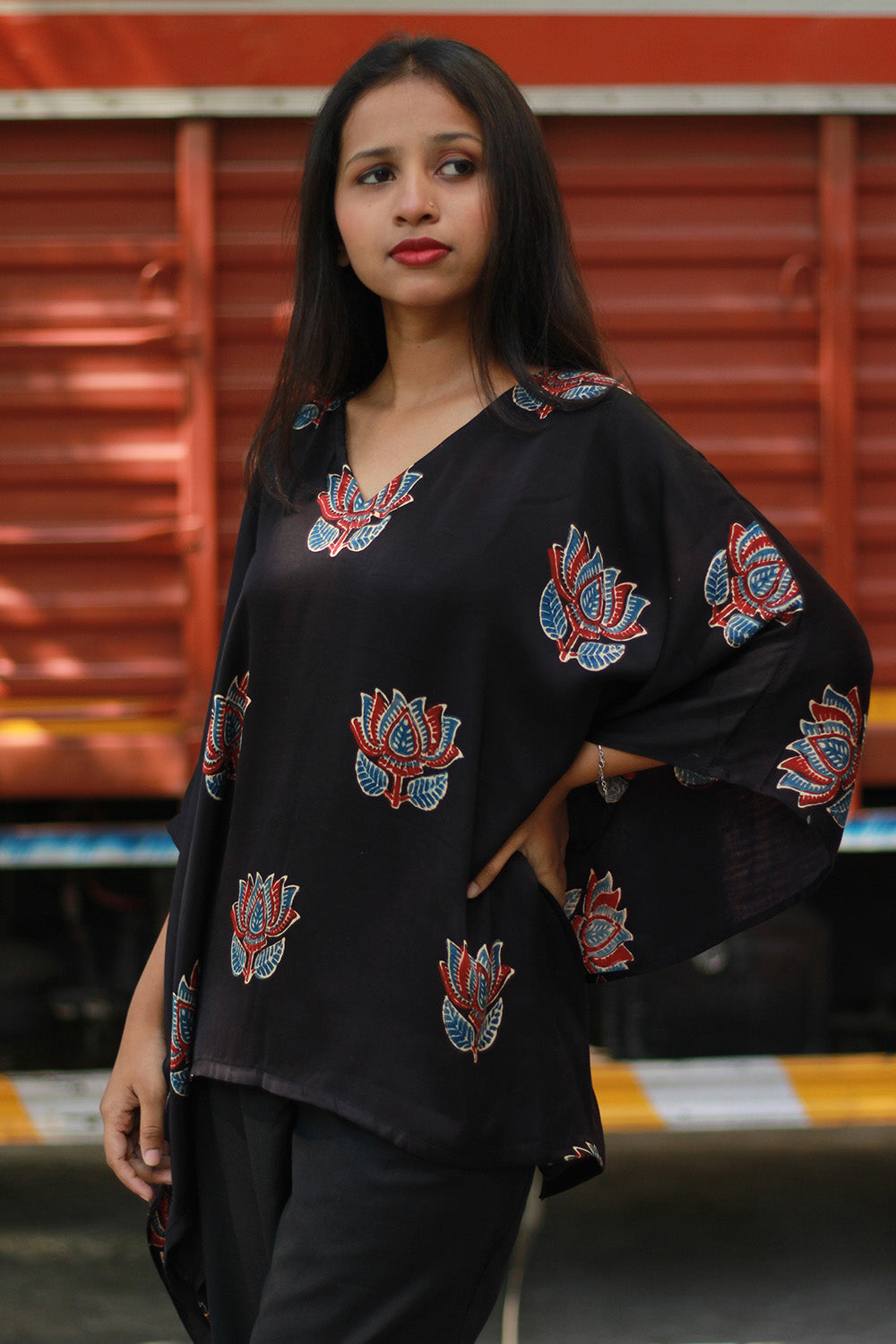 Saroj | Taarini | Modal Silk Kaftan Top | Noir Lotus Ajrakh