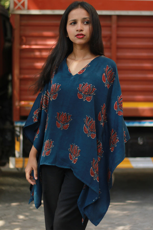 Saroj | Taarini | Modal Silk Kaftan Top | Navy Lotus Ajrakh