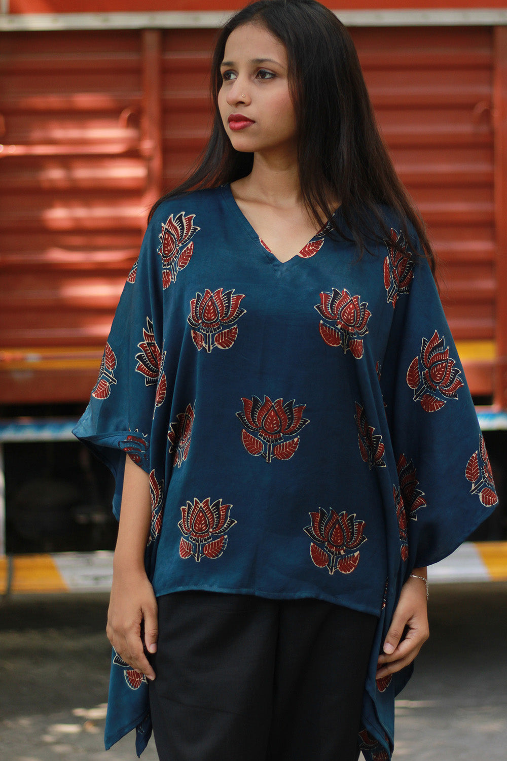 Saroj | Taarini | Modal Silk Kaftan Top | Navy Lotus Ajrakh
