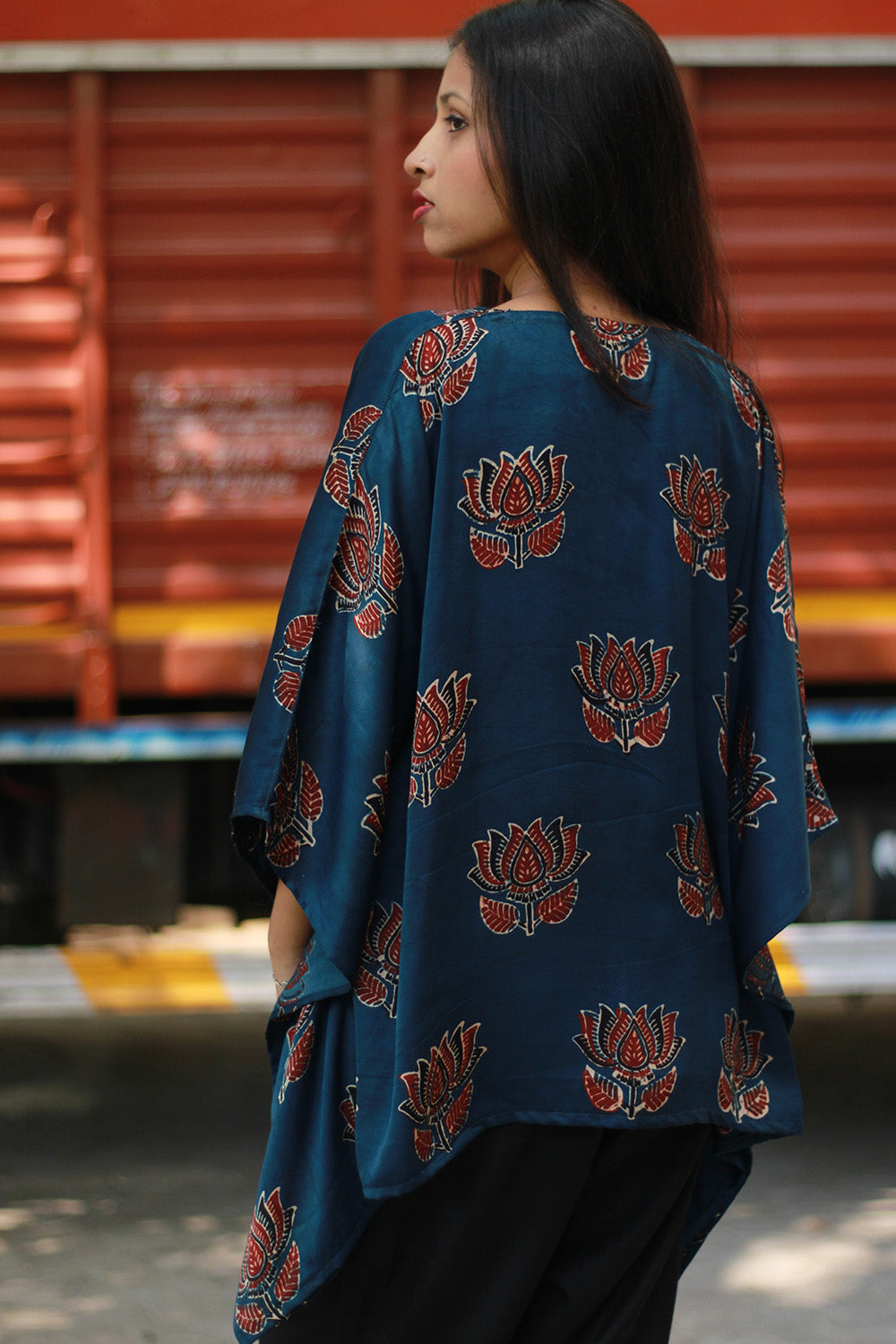 Saroj | Taarini | Modal Silk Kaftan Top | Navy Lotus Ajrakh