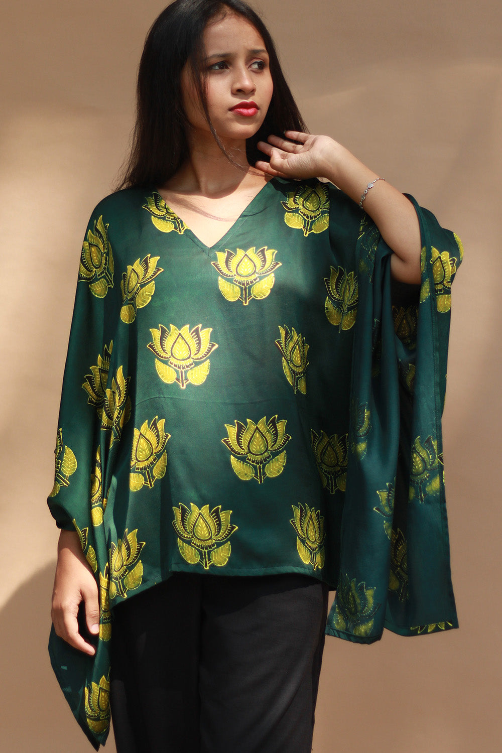 Saroj | Taarini | Modal Silk Kaftan Top | Green Lotus Ajrakh