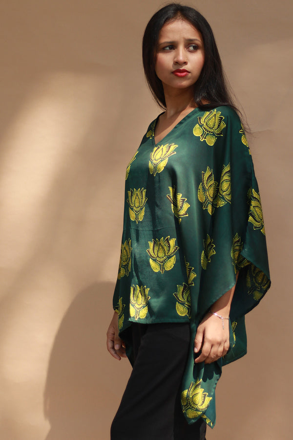 Saroj | Taarini | Modal Silk Kaftan Top | Green Lotus Ajrakh