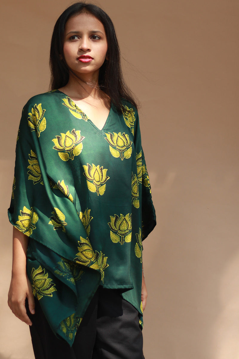Saroj | Taarini | Modal Silk Kaftan Top | Green Lotus Ajrakh