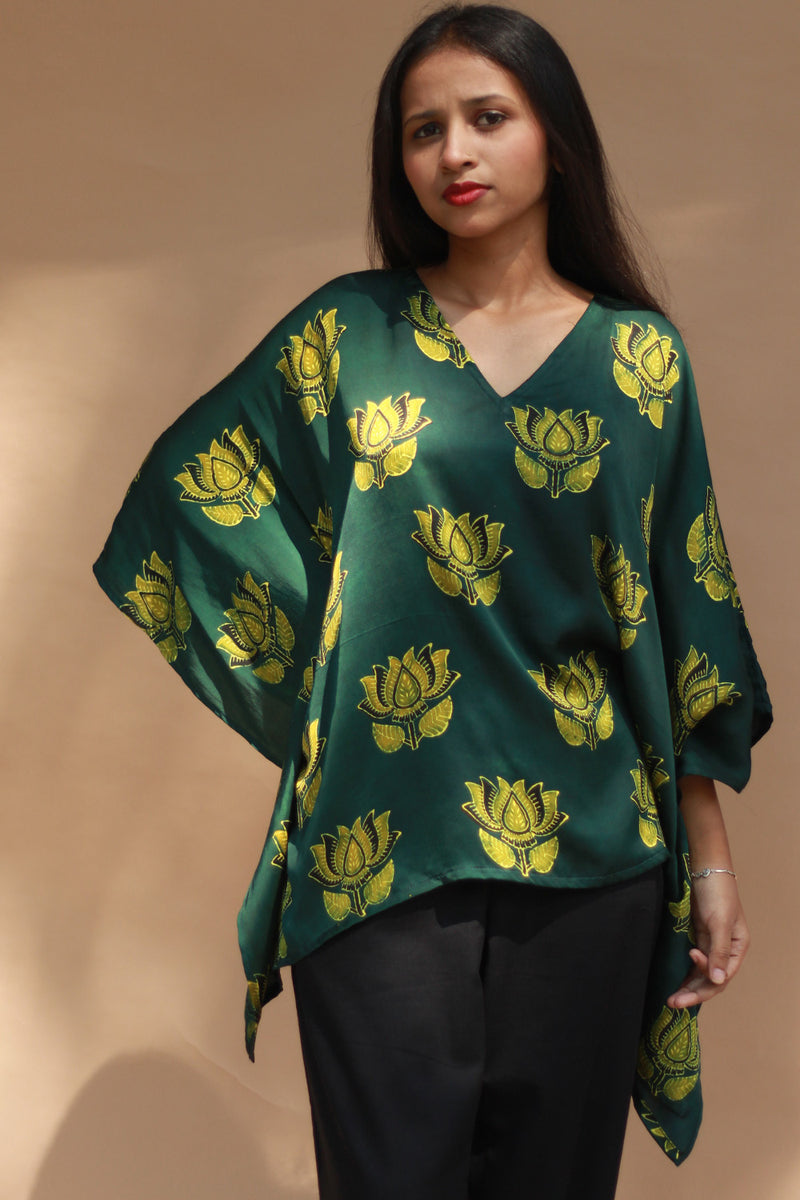 Saroj | Taarini | Modal Silk Kaftan Top | Green Lotus Ajrakh