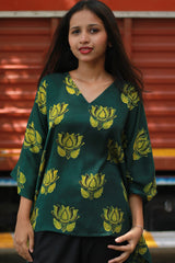 Saroj | Taarini | Modal Silk Kaftan Top | Green Lotus Ajrakh