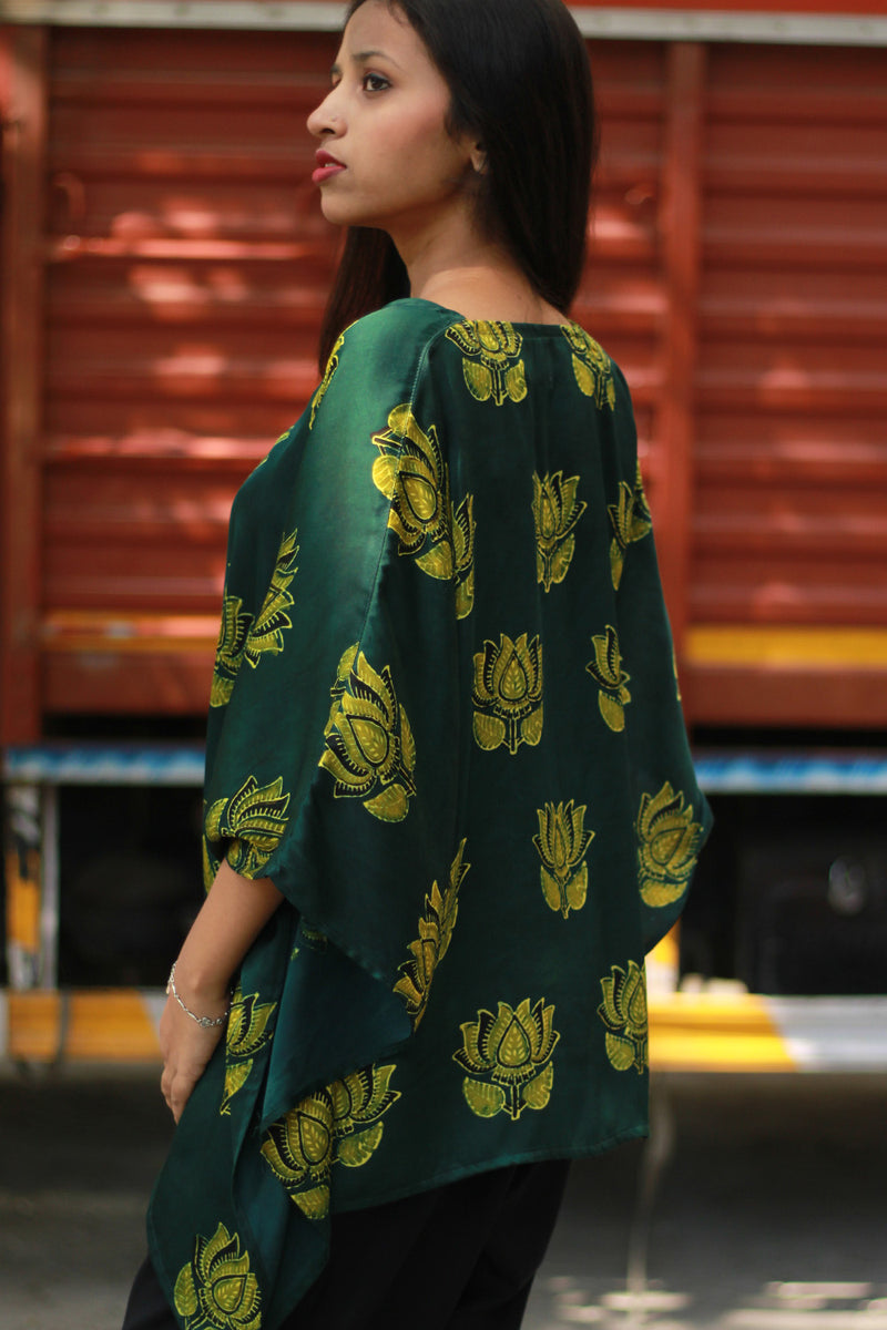 Saroj | Taarini | Modal Silk Kaftan Top | Green Lotus Ajrakh