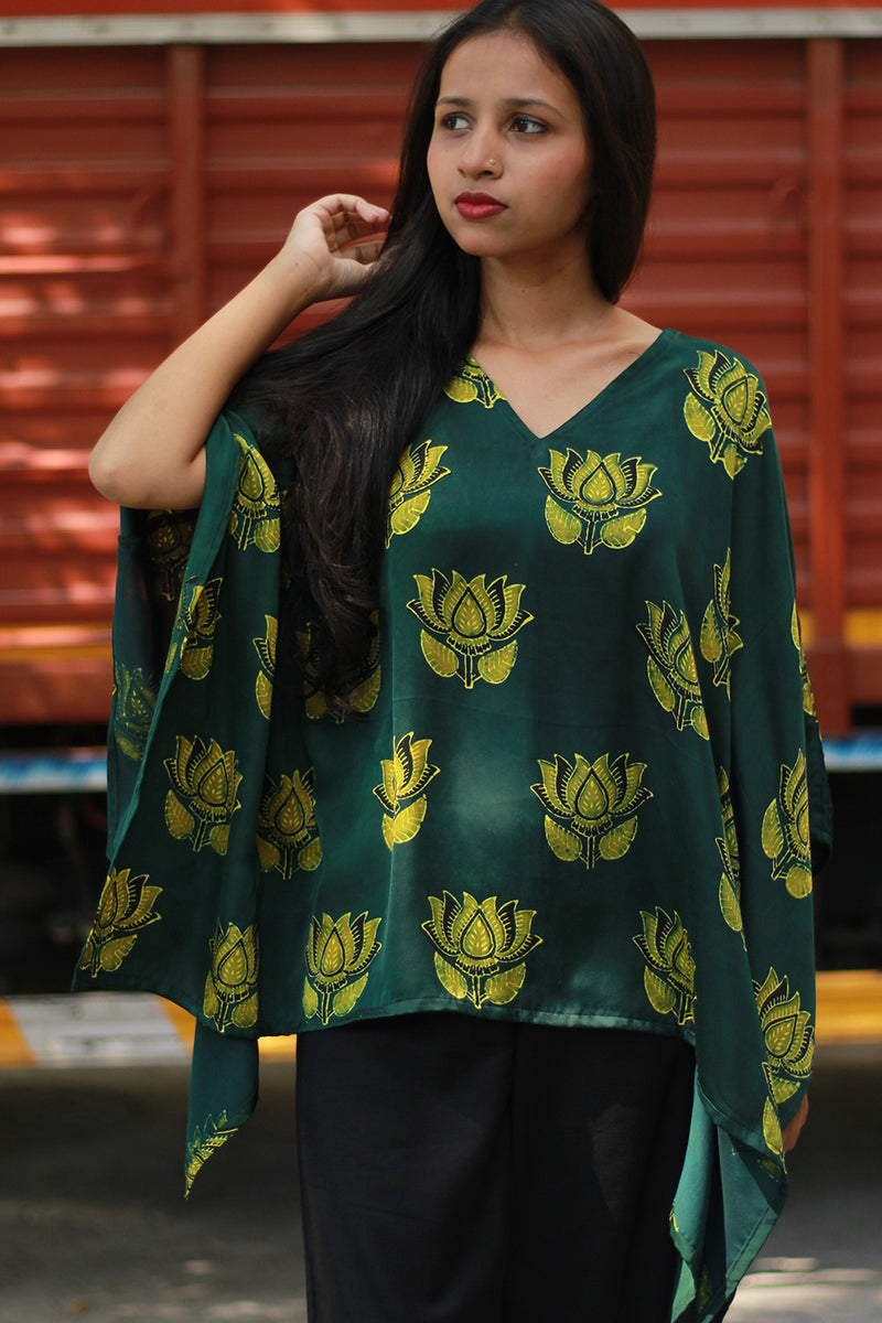 Saroj | Taarini | Modal Silk Kaftan Top | Green Lotus Ajrakh